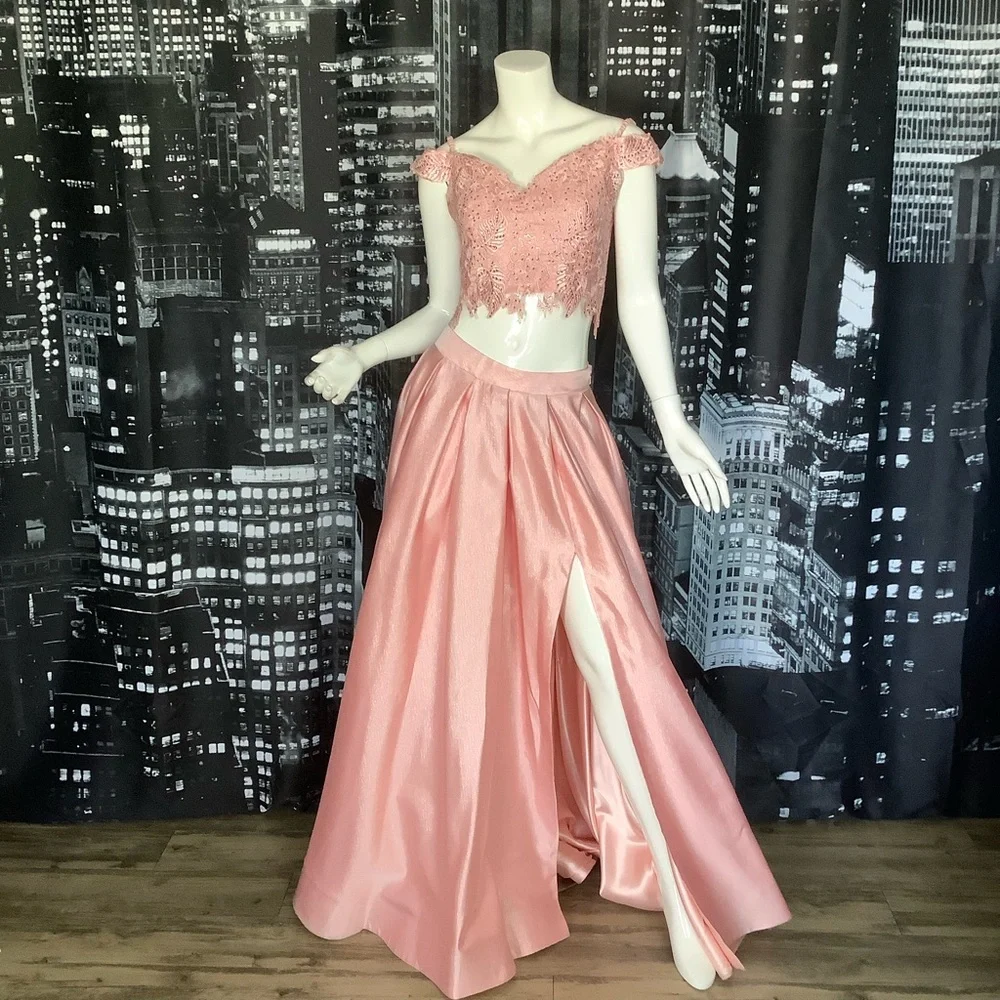 Dave & Johnny Shimmering Pink Formal 2PC Skirt Set with Pockets - Picture 5 of 13